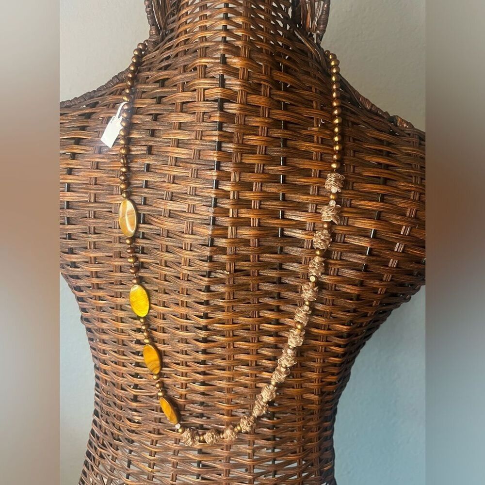 Asymmetrical long tigers eye, and pearl necklace